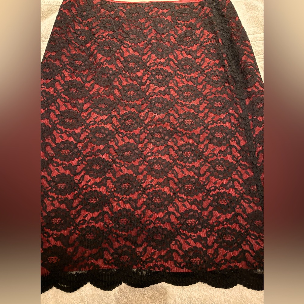 Black lace over satiny red slip holiday skirt